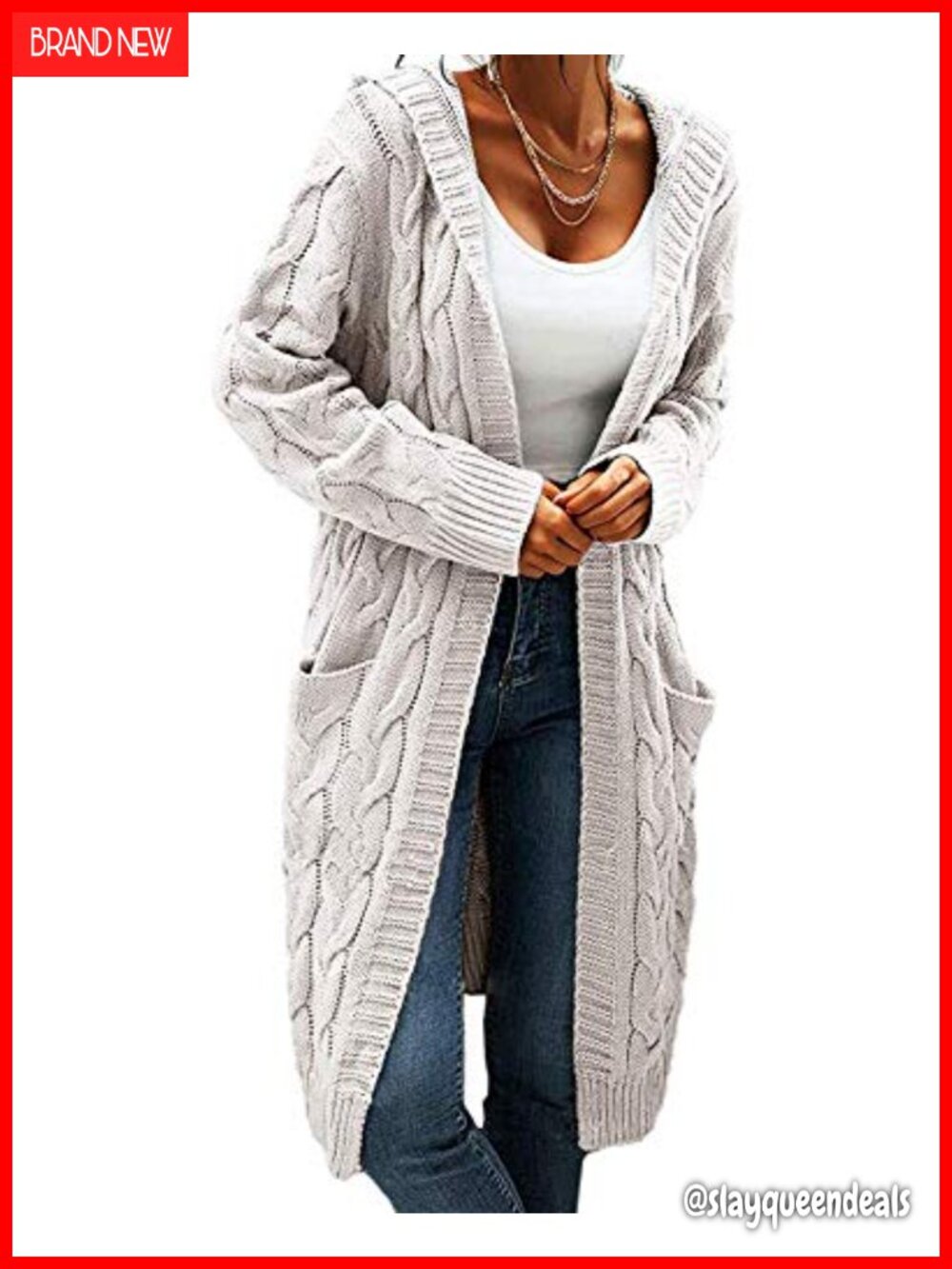 Hooded Open Front Cardigan Cable Knit Chunky Long Sweater Coat Acrylic